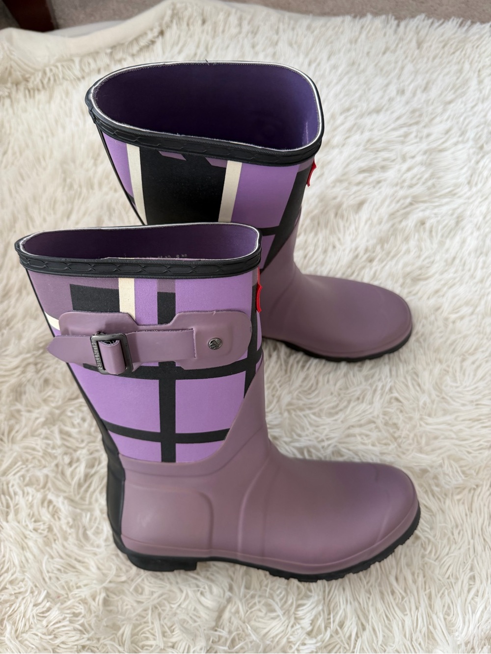 HUNTER Short Tartan Waterproof Rain Boots - Size 7 - purple plaid